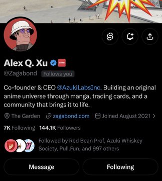 A screenshot of a social media profile for "Alex Q. Xu" (@Zagabond), describing him as "Co-founder and CEO @AzukiLabsInc. Building an original anime universe through manga, trading cards, and a community that brings it to life," with 7K Following and 144.1K Followers.
