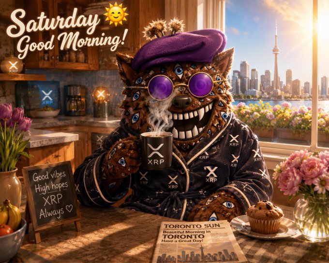 A whimsical, smiling creature wearing a purple beret and XRP-branded pajamas enjoys a steaming mug of coffee on a sunny Saturday morning, with the Toronto skyline (including the CN Tower) visible through the window. A small chalkboard reads "Good vibes, High hopes, XRP Always," and a newspaper headline declares "TORONTO SUN – Beautiful Morning in TORONTO – Have a Great Day!" The cozy, optimistic scene visually reinforces the post's message about XRP representing more than just financial gains—it's a lifestyle and mindset built on discipline, hope, and positivity.
