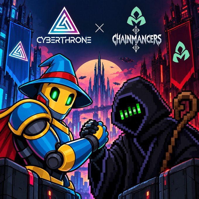 A promotional artwork for a collaboration between CyberThrone and ChainMancers, featuring a blue-armored wizard character shaking hands with a dark hooded figure with green digital eyes against a cyberpunk cityscape.