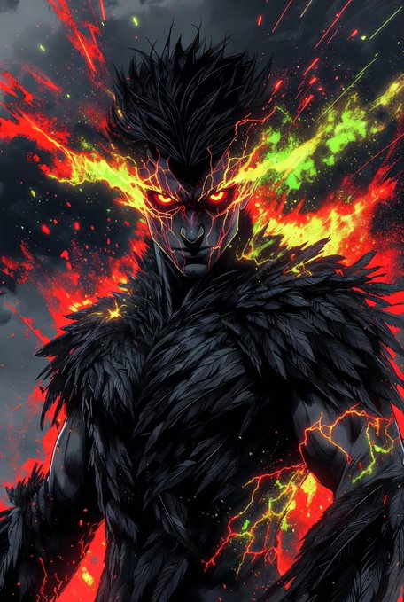 A dark, demonic anime-style character with glowing red eyes and black feathered armor surrounded by intense red and green flame-like energy.