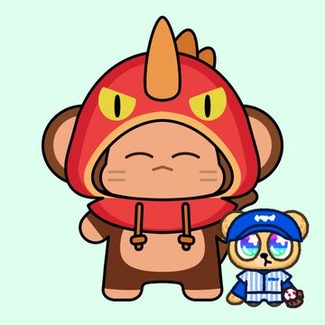 A cartoon character wearing a red dragon-themed hooded outfit standing next to a smaller character dressed in a blue baseball uniform with a cap.