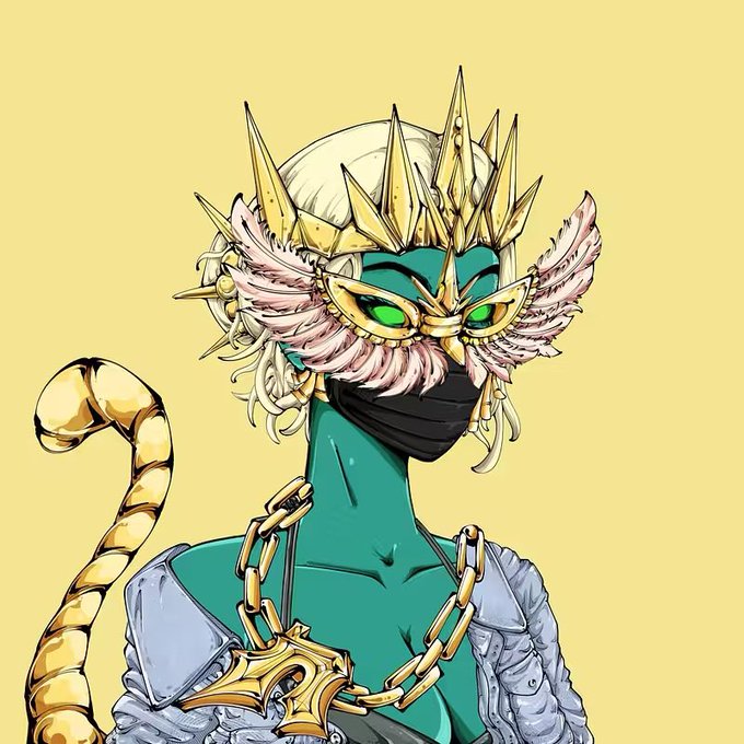 An anime-style illustration of a character with teal skin wearing a spiked golden crown, a feathered mask, a black face covering, and a denim jacket with a gold chain necklace.