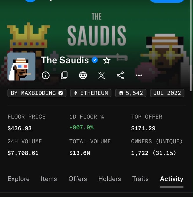 A profile page for the NFT collection 'The Saudis' by MAXBIDDING on Ethereum, showing stats like a $436.93 floor price, $13.6M total volume, and 1,722 unique owners.