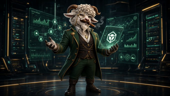 A digital artwork of a sophisticated anthropomorphic sheep character with curly wool, mustache, and glasses, wearing a green suit while interacting with holographic data screens and a glowing cube.
