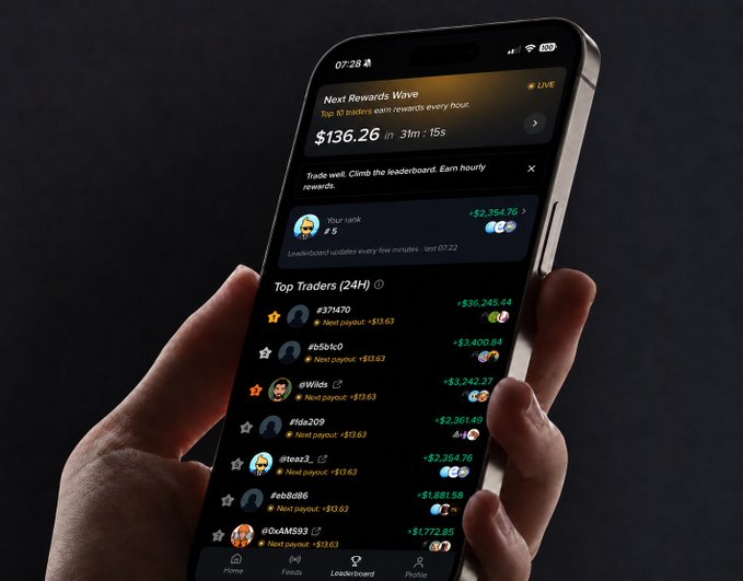 A hand holds a smartphone displaying the "Next Rewards Wave" leaderboard on Moby, showing a live countdown of 3m 15s with a prize pool of $136.26 and the user's rank at #5 with $2,364.76 in rewards. The image illustrates the post's point about Moby's frequent leaderboard payouts, showing the "Top Traders (24H)" list with earnings ranging from $1,881.50 to $35,245.44, reflecting the platform's active hourly reward system where traders compete for cash prizes.
