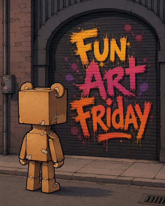 A small cardboard box figure with bear-like ears stands on a city sidewalk facing a graffiti-covered shutter that boldly reads "FUN ART FRIDAY" in dripping yellow, pink, and orange paint. The artwork perfectly captures the celebratory theme of the post, serving as a vibrant visual invitation for the community's weekly art showcase.