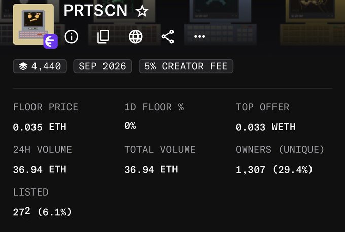 A statistics panel for the PRTSCN NFT collection shows a floor price of 0.035 ETH with a top offer of 0.033 ETH, total volume of 36.94 ETH, 1,307 unique owners, and 272 items listed (6.1%)—reflecting the post's hopeful call for the floor to reach 0.1 ETH, which would nearly triple the current price.