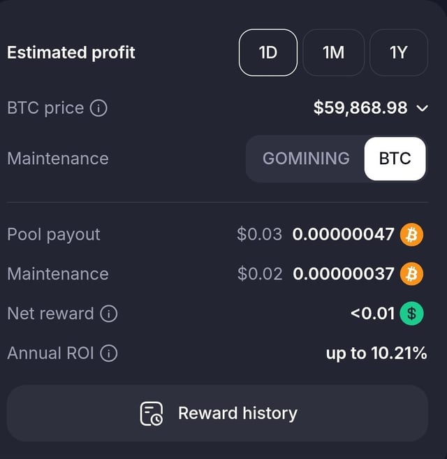 A GoMining mining dashboard displays an estimated daily profit breakdown, showing BTC price at $59,868.98, a pool payout of $0.03 (0.00000047 BTC), maintenance fees of $0.02 (0.00000037 BTC), a net reward of less than $0.01, and an annual ROI of up to 10.21%. The image underscores the post's sarcastic critique by revealing how GoMining's maintenance fees nearly wipe out the meager mining rewards, leaving users with virtually no profit.