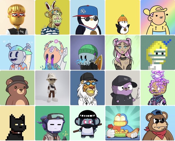 A grid of 20 colorful cartoon NFT-style avatars featuring various characters including bears, sharks, cats, and pixel-art figures wearing different hats and outfits.