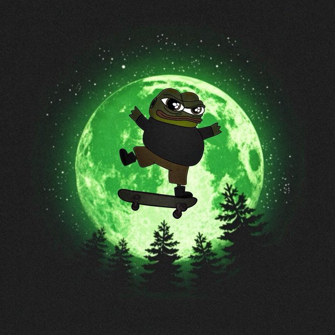An illustration of a Pepe the Frog character skateboarding in mid-air against a backdrop of a large green full moon and pine tree silhouettes.