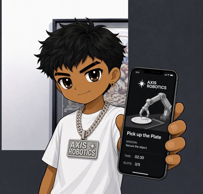 An anime-style illustration of a young man wearing an 'AXIS ROBOTICS' shirt and chain, holding up a smartphone displaying a robotics mission app titled 'Pick up the Plate.'