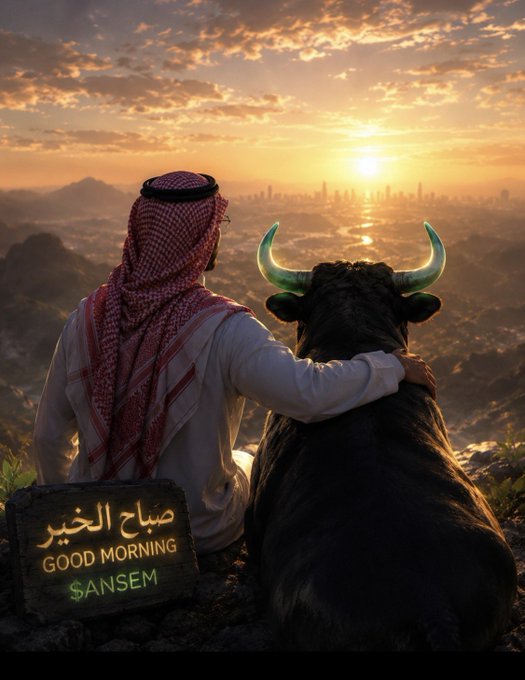The image shows a man in traditional Saudi attire sitting peacefully with a black bull at sunset overlooking a cityscape, with text "صباح الخير GOOD MORNING $ANSEM" displayed in the corner. It visually reinforces the post's message of community resilience and perseverance, using the calm, steadfast figure gazing toward the horizon as a metaphor for the steady $ANSEM community that endures through market ups and downs.