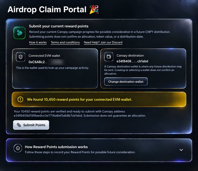 The image shows the Canopy ($CNPY) Airdrop Claim Portal, where a user with EVM wallet 0xC6ABc2... has 10,450 verified reward points ready to be submitted to their Canopy destination wallet e34f8408...cb1ebd, aligning with the accompanying post celebrating that Binance Alpha users received a portion of the $CNPY airdrop allocation.
