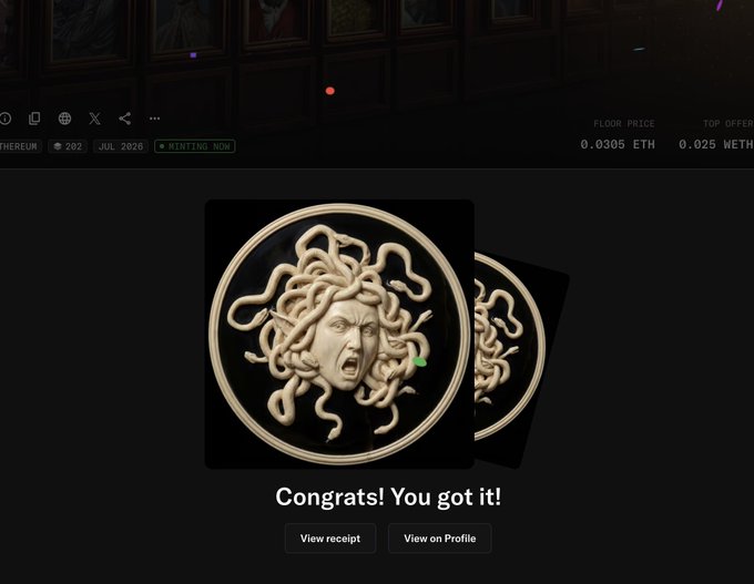 A triumphant "Congrats! You got it!" NFT mint confirmation screen displays a gold Medusa medallion from the gIcons collection, with "MINTING NOW" and pricing details (Floor Price 0.0305 ETH, Top Offer 0.025 WETH) visible, celebrating the user's successful mint of the gArt project.