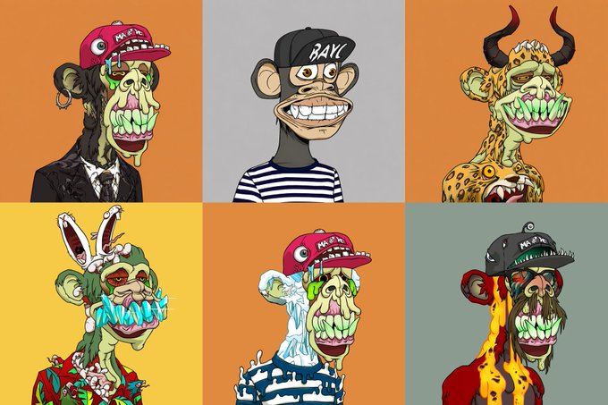 The image shows a 2x3 grid of six cartoon-style NFT Bored Ape variations featuring characters with melting/zombie-like features, horns, and various hats against bright orange, yellow, and gray backgrounds—one character wears a beanie labeled "BAYC" and another sports a cap marked "BAYC." 

This connects to the "GM Degen's Happy Thursday" post by showcasing the iconic BAYC (Bored Ape Yacht Club) collection, which is a flagship NFT project popular among crypto/Web3 degen culture, fitting the casual Thursday greeting.