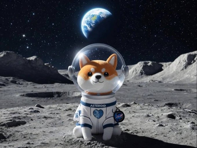 A Shiba Inu dog wearing a white astronaut suit with an 'ASTEROID' patch and a clear bubble helmet stands on the lunar surface with Earth visible in the starry sky above.