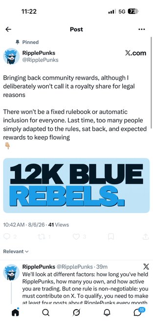 A screenshot of a tweet from @RipplePunks announcing the return of community rewards with a '12K BLUE REBELS' graphic, noting it's not a royalty share.