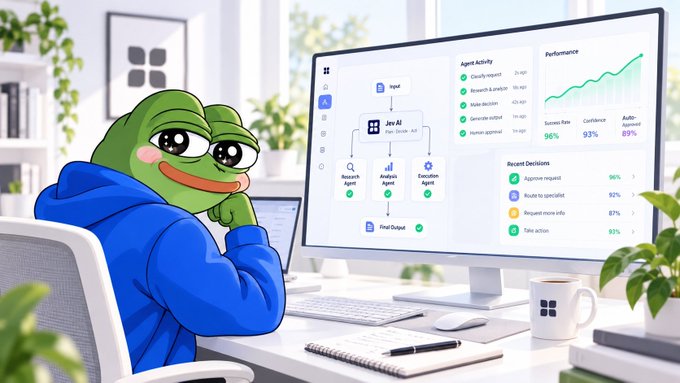 A cartoon illustration of a sad Pepe frog character in a blue hoodie sitting at a desk looking at a computer monitor displaying an AI workflow interface labeled 'Jee.AI' with various agent activities, performance metrics, and recent decisions.