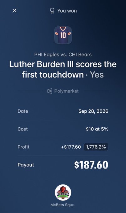 The image shows a Polymarket betting win notification for the "PHI Eagles vs. CHI Bears" game on Sep 28, 2026, where a $10 bet at 5% odds on "Luther Burden III scores the first touchdown · Yes" yielded a payout of $187.60 with a profit of +$177.60 (1,776.2% return), branded with "McBets Squad." The image ties into the accompanying post's message by showcasing a successful bet to promote the free Polymarket chat group "McBets Squad" as a source for winning picks.
