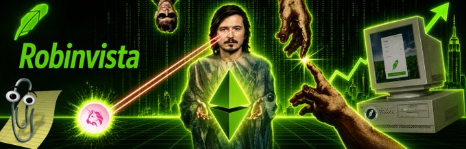 A digital collage header/banner titled 'Robinvista' in green text, featuring a central figure resembling Keanu Reeves surrounded by green code, an Ethereum symbol, a vintage computer, and various surreal cut-out elements.