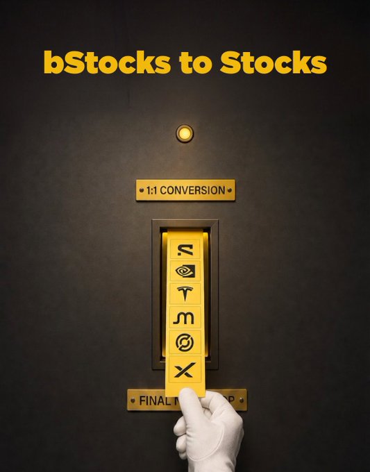 A gloved hand pulls a yellow slider downward on a dark machine labeled "1:1 CONVERSION" with various symbols and "FINALIZE" visible, beneath the bold yellow headline "bStocks to Stocks." The imagery of converting one form into another visually reinforces the post's theme of Binance's transition from crypto to tokenized stocks via bStocksFinance, highlighting the platform's ability to trade stocks 24/7 regardless of traditional market hours.