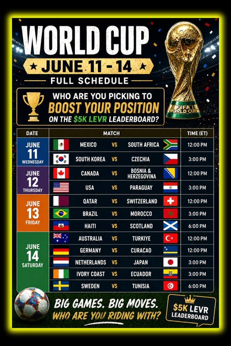The image appears to be a poster or a booklet for World Cup scheduling, with a soccer ball included as part of the design. The main focus seems to be on June 11-14, and it includes a list of teams participating in various matches, along with their respective positions. It also displays the competition's schedule, which includes details about the teams playing against each other and possibly some additional information or upcoming events related to the World Cup.