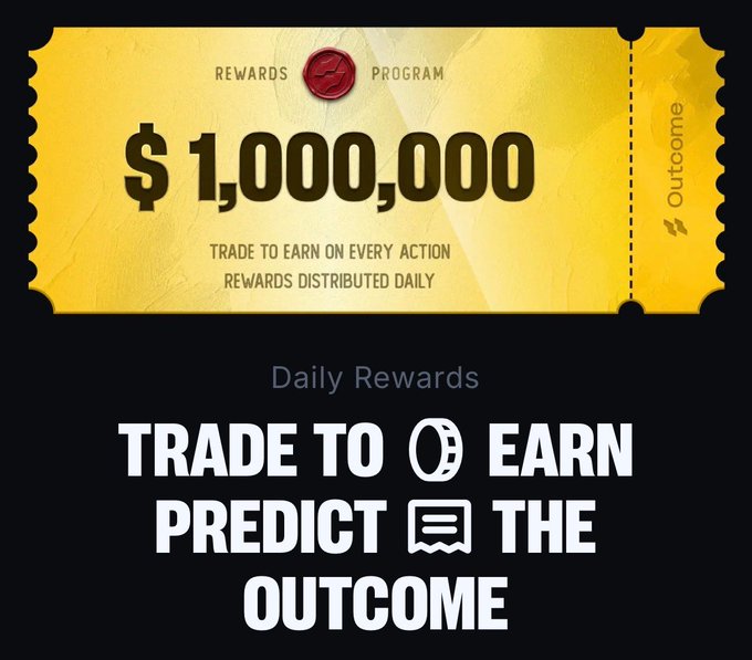 A promotional graphic for Outcome's rewards program featuring a golden "$1,000,000" ticket with the tagline "Trade to earn on every action, rewards distributed daily," accompanied by the bold text "TRADE TO EARN, PREDICT THE OUTCOME" with coin and chart icons. The image visually reinforces the accompanying post's message about earning USD rewards by trading or placing limit orders on Outcome markets natively on Hyperliquid.
