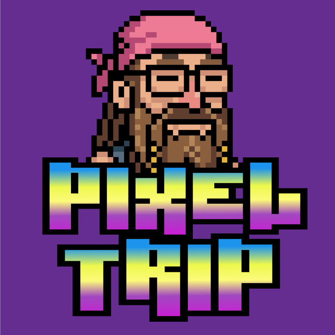 Pixel art logo featuring a bearded pirate character with a pink bandana and glasses, with the text "PIXEL TRIP" in a colorful gradient below.