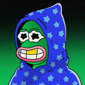 A green Pepe-style frog character wearing a blue hooded robe covered in star patterns, displaying a wide toothy grin with star-shaped eyes.