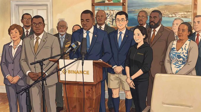 An AI-generated illustration showing a press conference at a Binance podium with a diverse group of people, including a man in a blue suit at the microphone and a woman wearing a Binance-branded hoodie.