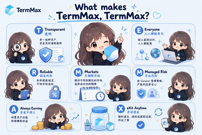 An infographic titled 'What makes TermMax, TermMax?' featuring a chibi-style character illustrating six key features: Transparent, Reliable, Markets, Always Earning, Everyone, Managed Risk, and eXit Anytime, with corresponding Chinese text.