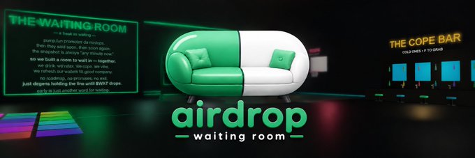 A promotional graphic for 'airdrop waiting room' featuring a green and white couch, with text describing 'THE WAITING ROOM' and 'THE COPE BAR' with details about wallet-based NFT claiming.