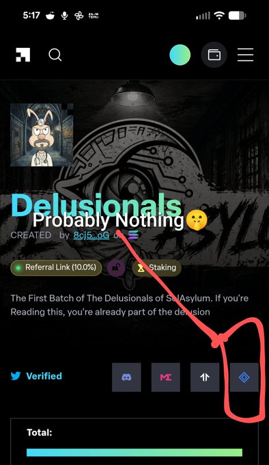 Mobile app screenshot showing an NFT project called 'Delusionionals Probably Nothing' with a hand-drawn red circle and arrow highlighting a blue diamond icon button at the bottom.