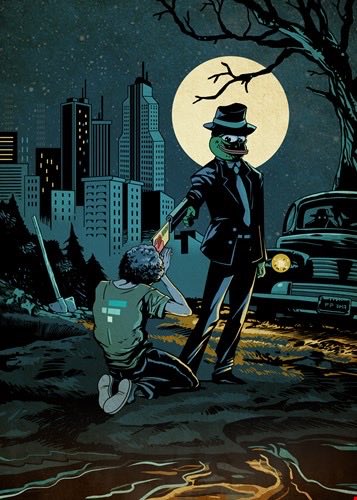 A noir-style illustration depicting a reptilian figure in a fedora and trench coat holding a lighter toward a kneeling figure, with a full moon, city skyline, and vintage car in the background.