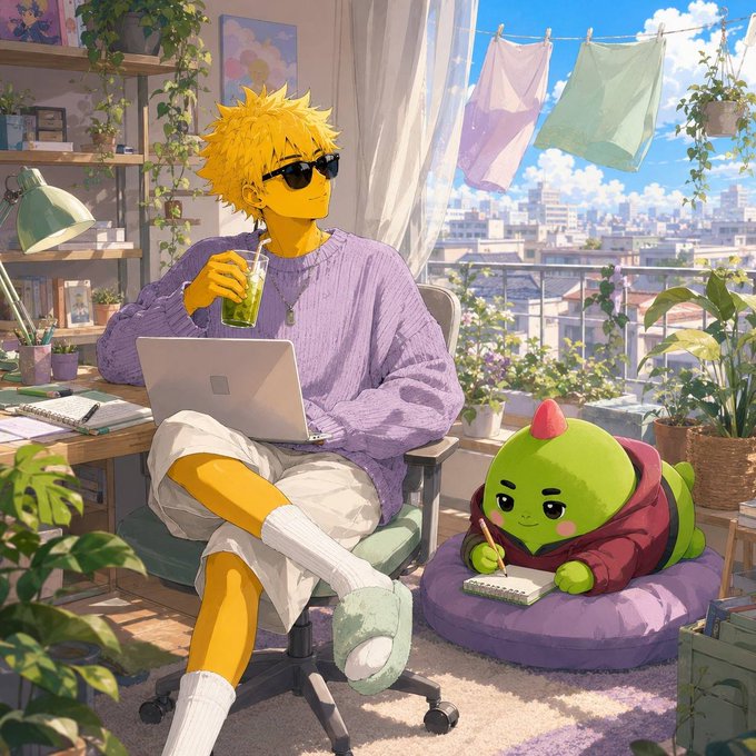 An anime-style illustration of a blonde character wearing sunglasses and a purple sweater sitting at a desk with a laptop and green drink, while a small green creature in a red hoodie writes in a notebook nearby.