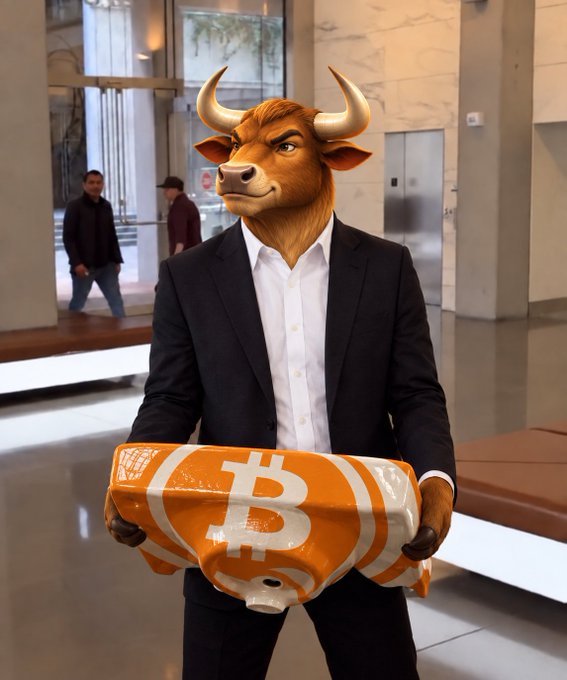 A person in a suit with a bull's head carries a large orange bag prominently displaying the Bitcoin "₿" logo in a sleek building lobby. The image visually reinforces the caption by symbolizing bullish investors ("bulls") physically removing and holding onto Bitcoin ("BTC"), anticipating its price to climb to $150K.