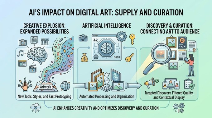 An infographic titled 'AI'S IMPACT ON DIGITAL ART: SUPPLY AND CURATION' illustrating three stages: Creative Explosion, Artificial Intelligence, and Discovery & Curation.