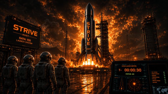 Astronauts watch as a rocket emblazoned with "STRIVE" and "ASST" launches against a fiery orange sky, with a billboard advertising the "SATA 100 LAUNCH SYSTEM" and a control monitor displaying "STRIVE LAUNCH CONTROL - T-00:00:30 STATUS: GO."

The image illustrates the post's "All systems GO!" declaration through the dramatic countdown scene of the $ASST rocket launch, visually capturing the excitement of the $SATA launch system going live.