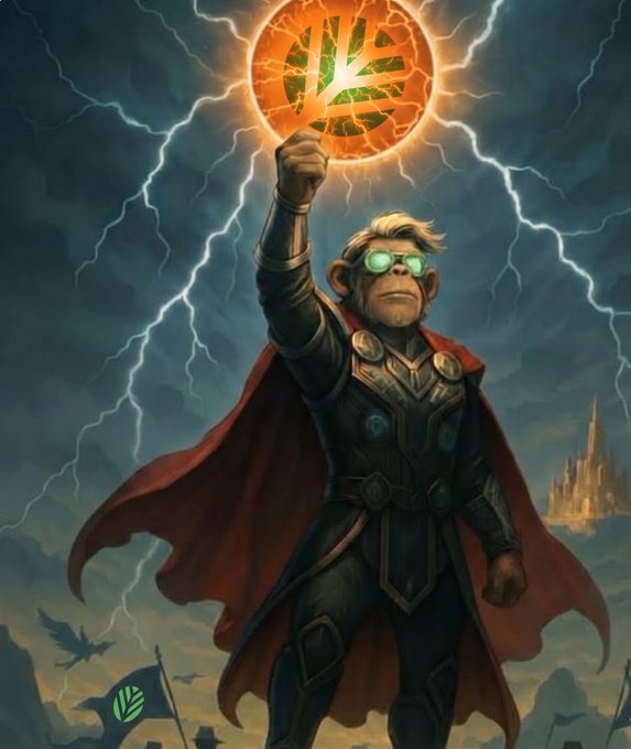 An armored monkey hero in a red cape and glowing green goggles raises a glowing orange emblem featuring a tree-like logo against a stormy, lightning-filled sky, symbolizing heroic strength and powerful network effects—mirroring the post's message about $CNPY and the CNPY Network's growing activity, builder engagement, and valuable on-chain data flow.