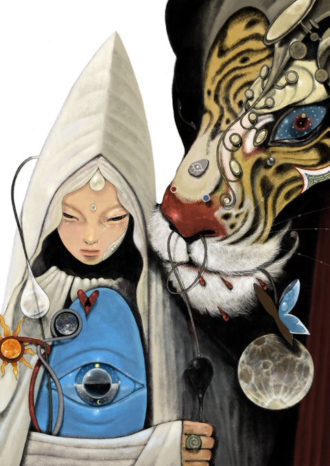 A mystical hooded figure with a third eye holds a blue amulet featuring an eye motif, standing beside a decorated tiger adorned with chains and a moon pendant. This dreamlike artwork relates to the post as one of the remaining 4 pieces available from Kolahonn's "Theater of the Sky" collection, listed at a .2e price with a .169e reserve.