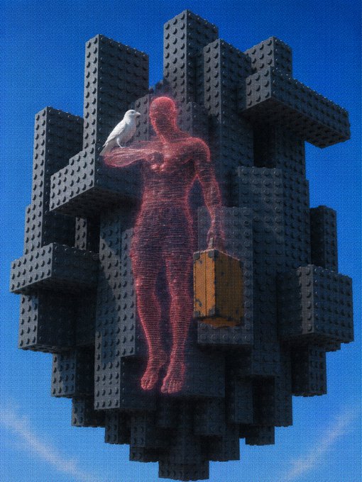 A translucent red wireframe human figure carrying a brown briefcase and a white dove stands suspended against a backdrop of dark, perforated cubic structures in a clear blue sky, symbolizing a new GM project blending innovation and peace.