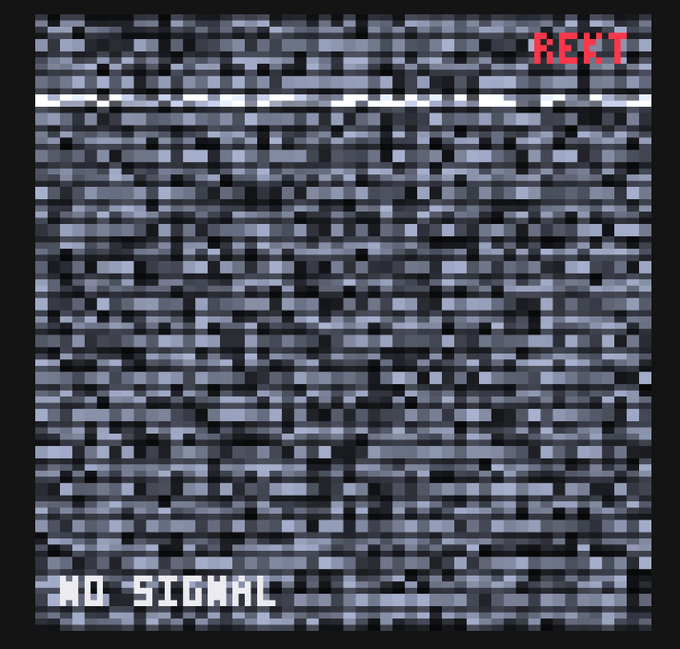 A static-filled screen displaying pixelated gray noise with red text 'REKT' in the top right and white text 'NO SIGNAL' in the bottom left.