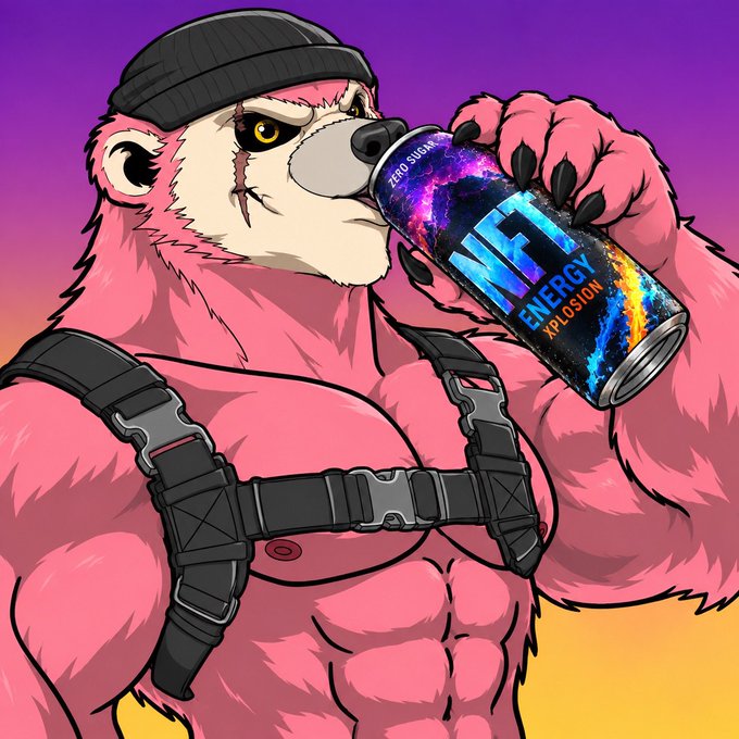An illustration of a muscular pink bear wearing a black beanie and tactical harness, drinking from a galaxy-patterned can labeled 'ACE ENERGY XPLOSION'.