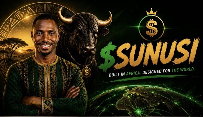 The image features a smiling man in traditional African attire alongside a powerful black bull, promoting the "$SUNUSI" crypto token with the tagline "Built in Africa. Designed for the World." The bold imagery of the bull and globe graphic reinforces the post's call for traders to share their profits from holding SUNUSI.