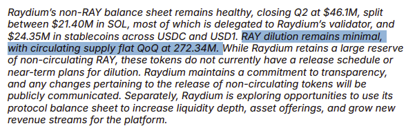 A text excerpt discussing Raydium's financial status, noting a Q2 close of $46.1M balance sheet split between $21.40M in SOL and $24.35M in stablecoins, with circulating supply flat at 272.34M.