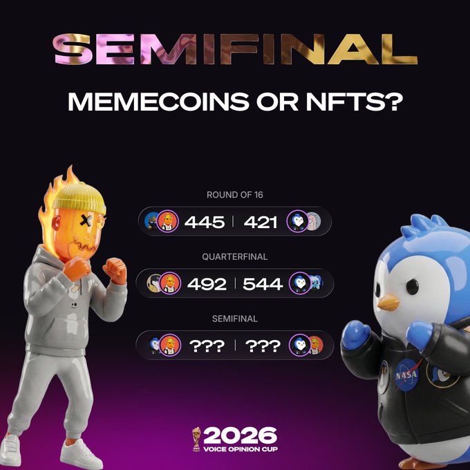 A promotional graphic for the '2026 VOICE OPINION CUP' semifinals featuring a 'MEMECOINS OR NFTS?' poll with cartoon characters representing the contest.