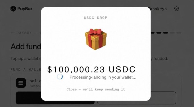 A screenshot of a "PayBox" interface showing a "USDC DROP" notification with $100,000.23 USDC processing-landing in the wallet, complementing the post about receiving funds from Moonpay and exiting the trenches.