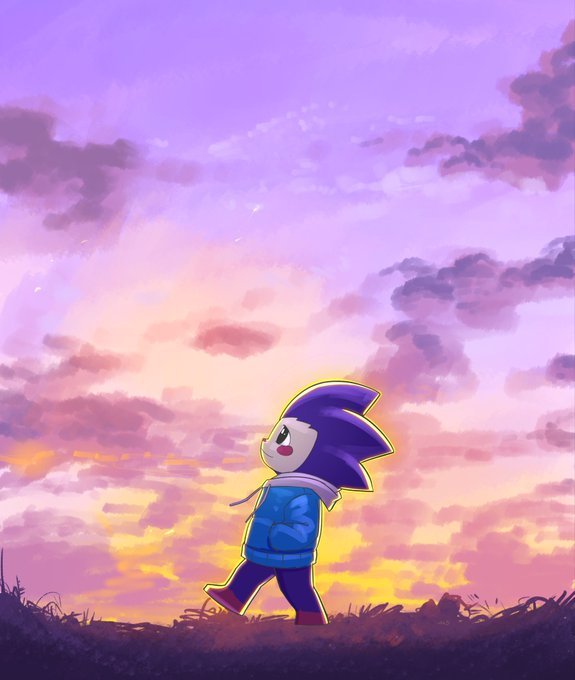 The image features a blue cartoon character walking across a field at sunset with clouds in the background. The sky has a beautiful blend of purple and orange hues, creating an enchanting atmosphere for the scene. The character appears to be wearing a jacket and hat, adding to the overall charm of the illustration.