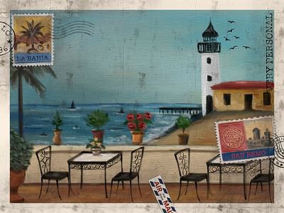 An illustrated postcard-style image showing a coastal cafe terrace scene with stamps from 'La Bastia' and 'Sanremo', with 'Elegy Personal' text on the right side.