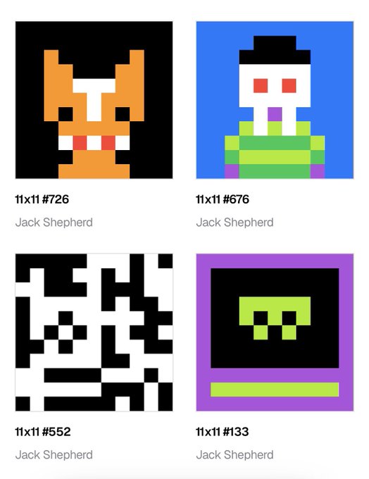 Four pixel art NFTs by Jack Shepherd displayed in a 2x2 grid, numbered 11x11 #726, #676, #552, and #133, featuring simple character designs.